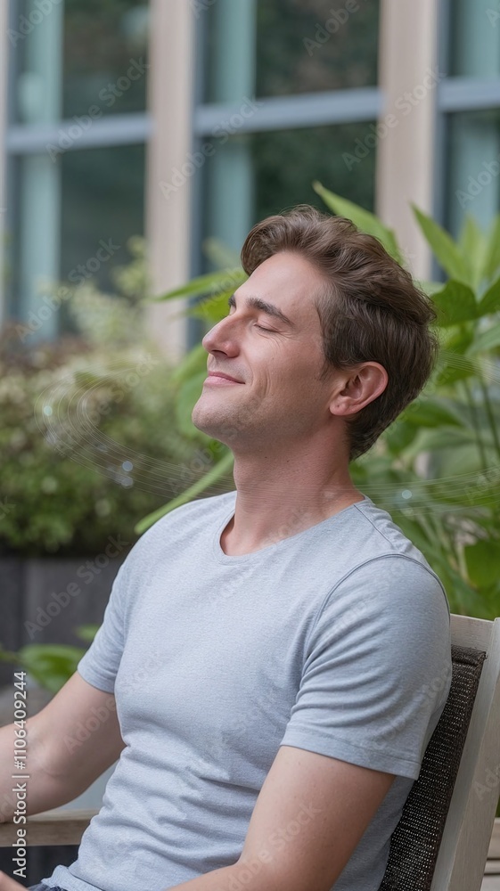 Caucasian male enjoying a peaceful moment outdoors, seated and relaxed with a content smile. Caucasian male enjoying a peaceful moment outdoors, seated and relaxed with a content smile.