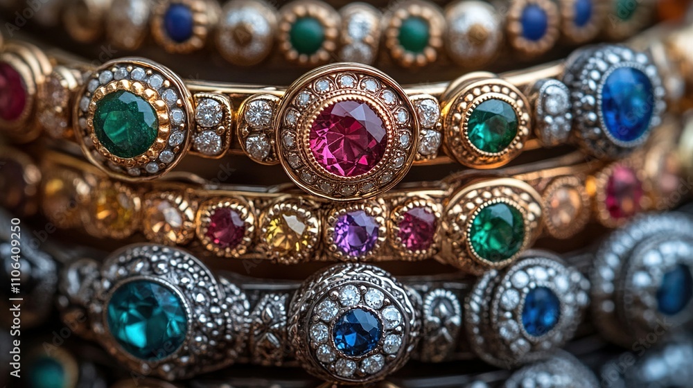 Many gold and silver bracelets with colorful gemstones. Many gold and silver bracelets with colorful gemstones.
