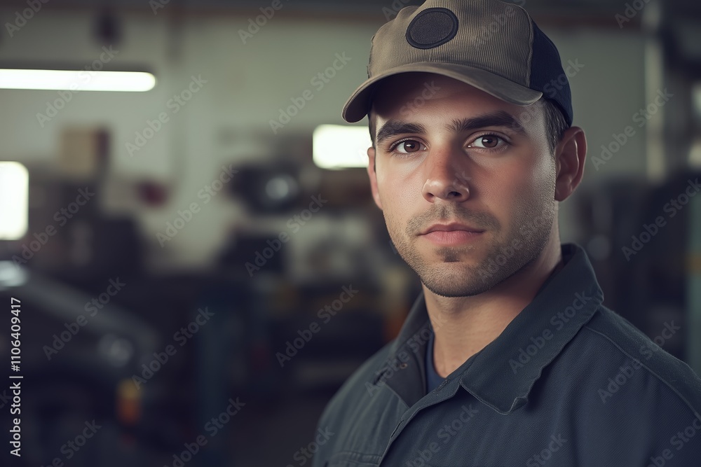 A professional male mechanic stands in the foreground A professional male mechanic stands in the foreground