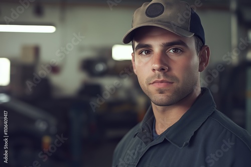 A professional male mechanic stands in the foreground