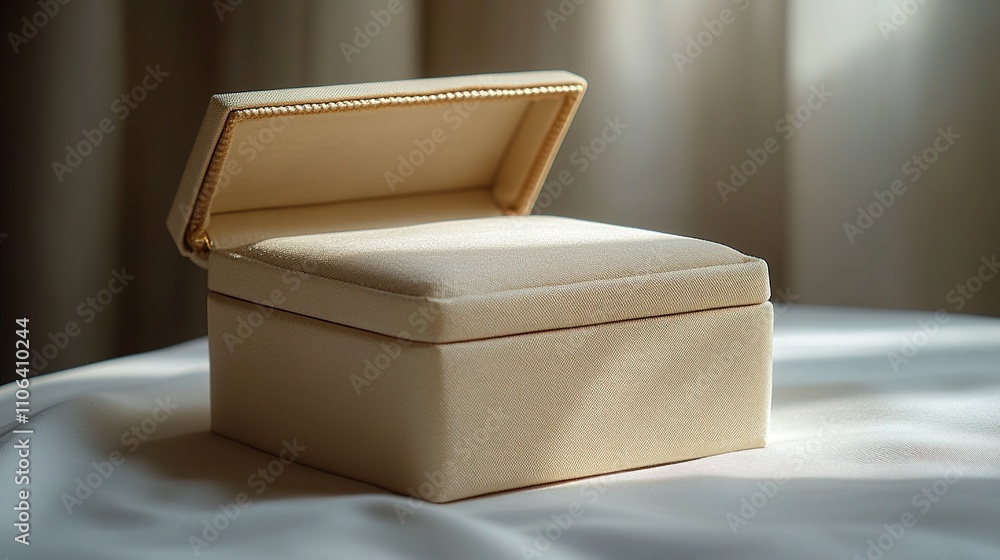 A small light beige jewelry box open sits on a table. A small light beige jewelry box open sits on a table.