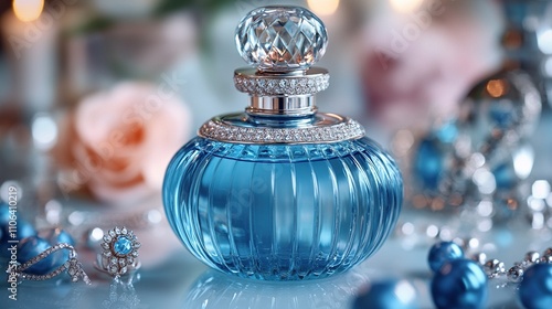 A blue perfume bottle ornamentally decorated sits on a surface with beads and flowers. photo