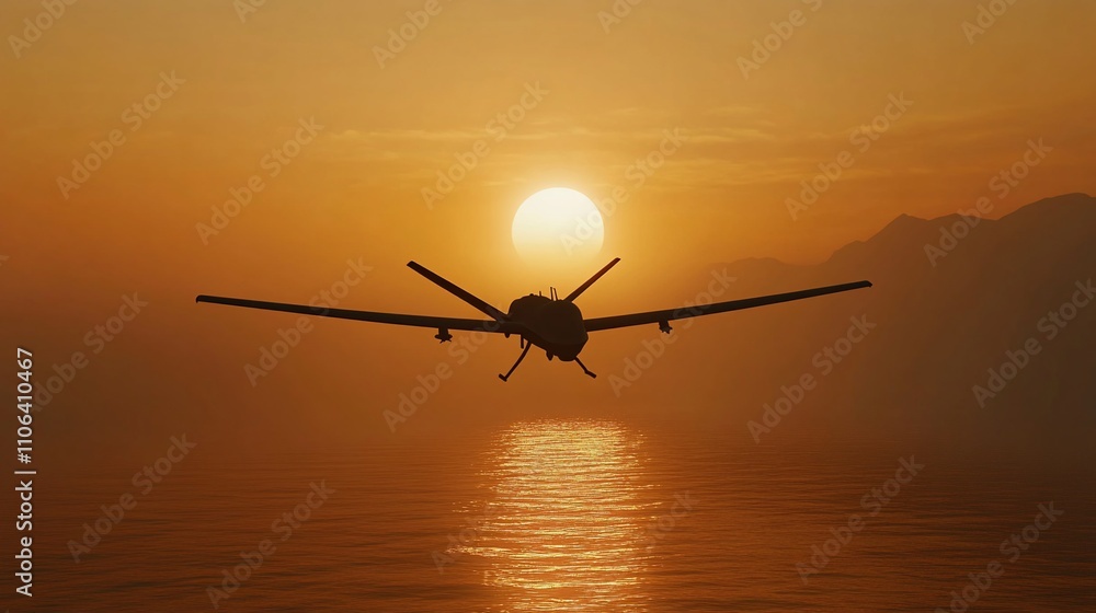 Drone silhouette flying over ocean at sunset. Drone silhouette flying over ocean at sunset.
