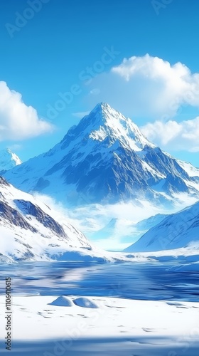 A majestic snow-capped mountain peak rises above a pristine, snow-covered valley, with a clear blue sky and fluffy white clouds.