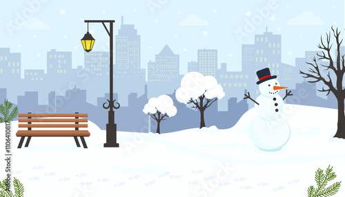 Snowy winter park scene with a snowman and city skyline in the background