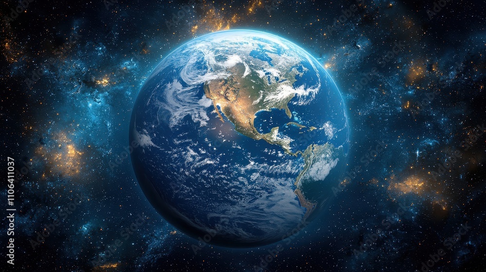 A detailed view of planet Earth from space, surrounded by stars and nebula in a deep cosmic scene. A detailed view of planet Earth from space, surrounded by stars and nebula in a deep cosmic scene.