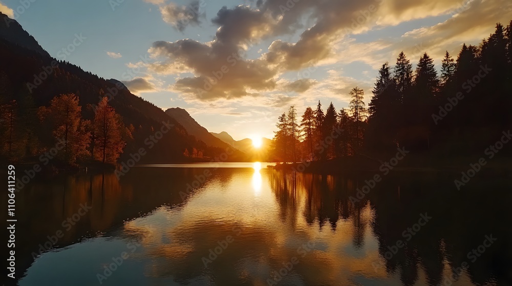Fototapeta premium Sunset over calm lake reflecting colorful sky and mountains.