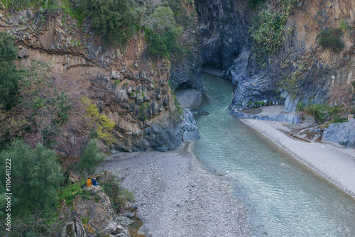 Gole dell Alcantara gorge formed by basalt columns with river near to Etna volcano, Motta Camastra, Sicily, Italy photo