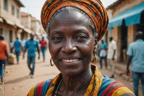 Close portrait of a smiling senior Senegalese woman looking at the camera, Senegalese city outdoors  blurred background photo