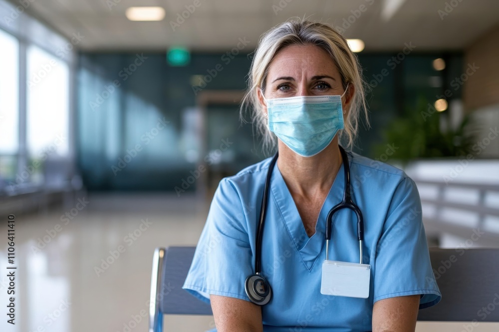 A determined healthcare professional sits in a clinical setting, wearing a blue scrubs and mask, ready to provide compassionate care to those in need in a hospital environment. A determined healthcare professional sits in a clinical setting, wearing a blue scrubs and mask, ready to provide compassionate care to those in need in a hospital environment.