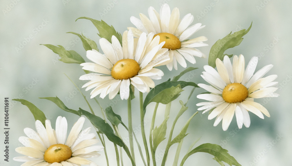 Fototapeta premium Beautiful daisy flowers in watercolor style with soft green background and copy space