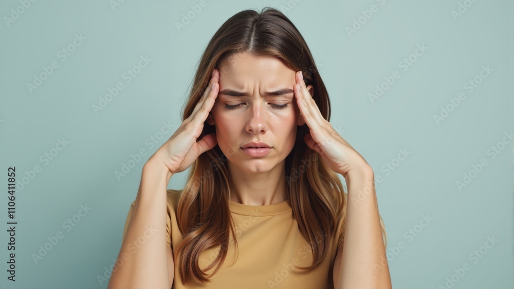 A woman experiences overwhelming stress while sitting against a soft green backdrop in a calm room A woman experiences overwhelming stress while sitting against a soft green backdrop in a calm room