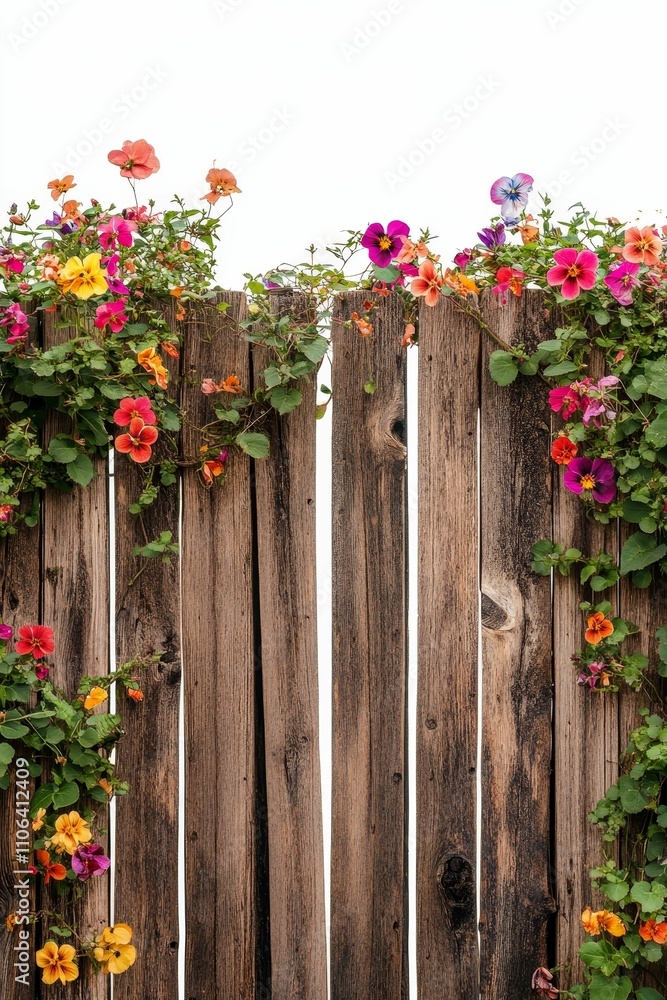 Fototapeta premium Colorful flowers bloom on weathered wooden fence.