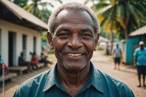 Close portrait of a smiling senior Solomon Islander man looking at the camera, Solomon Islander city outdoors  blurred background photo