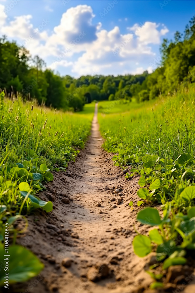A dirt path in the middle of a grassy field A dirt path in the middle of a grassy field