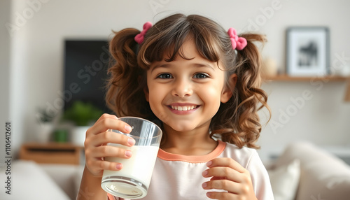 Happy, health and milk by girl strong bone pose in living room, drinking milk for wellness, teeth and child development. Portrait, face and happy, proud and empowered child happy with breakfast drin photo