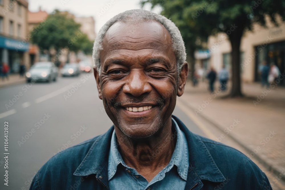 Close portrait of a smiling senior South African man looking at the camera, South African city outdoors blurred background Close portrait of a smiling senior South African man looking at the camera, South African city outdoors blurred background