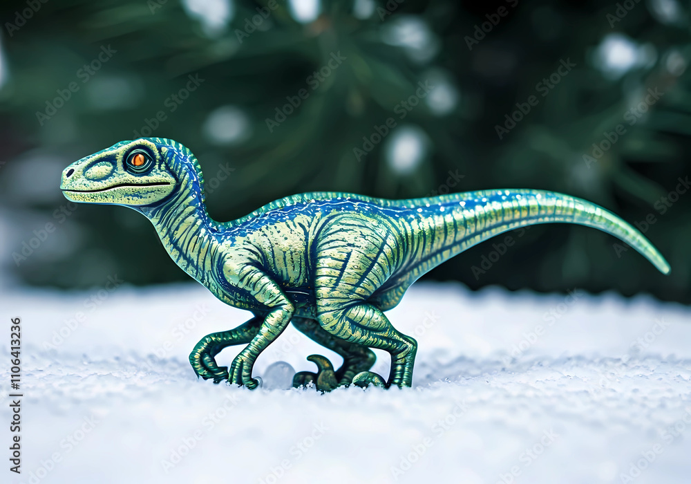 Fototapeta premium Toy Green Dinosaur in the snow with pine tree in background. 