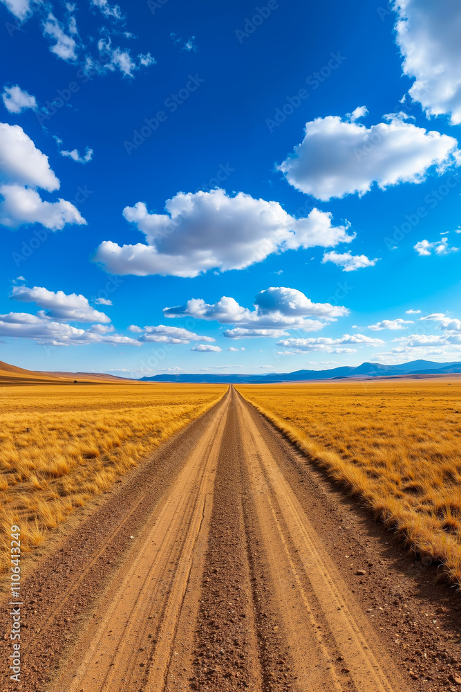 A dirt road in the middle of a dry grassy field under a blue sky A dirt road in the middle of a dry grassy field under a blue sky