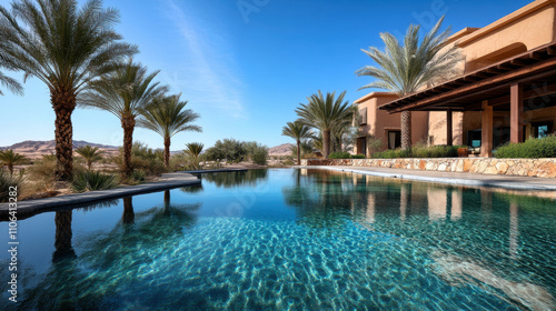 A serene desert oasis with palm trees and a clear blue spring, the sky cloudless overhead