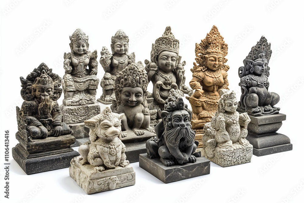 Stone figurines, various poses, ornate detail. Stone figurines, various poses, ornate detail.