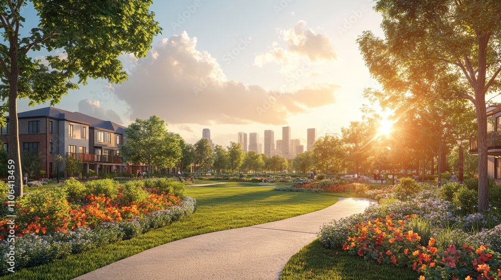 Fototapeta premium A picturesque pathway winds through a lush park, with vibrant flowers, green grass, and a stunning city skyline in the distance. The sun shines brightly in the sky, casting a warm glow on the scene.