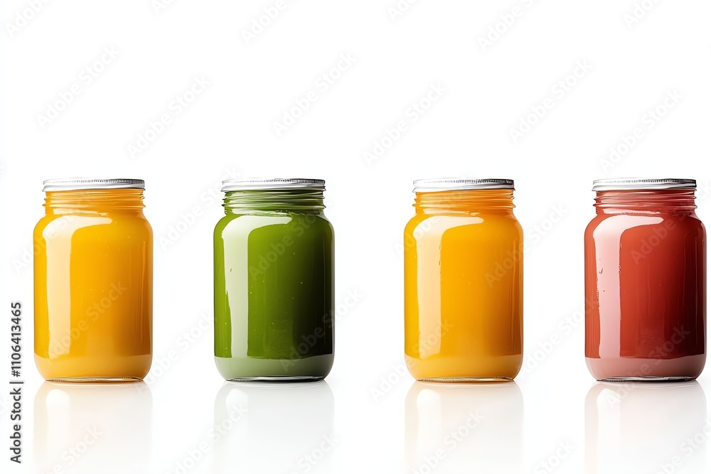 Four colorful jars filled with vibrant fruit and vegetable juices, showcasing a healthy lifestyle choice. Ideal for promoting wellness, nutrition, and colorful food presentations. Four colorful jars filled with vibrant fruit and vegetable juices, showcasing a healthy lifestyle choice. Ideal for promoting wellness, nutrition, and colorful food presentations.