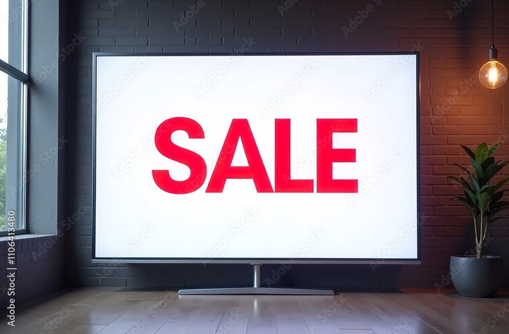 The word sale is written on the TV screen The word sale is written on the TV screen