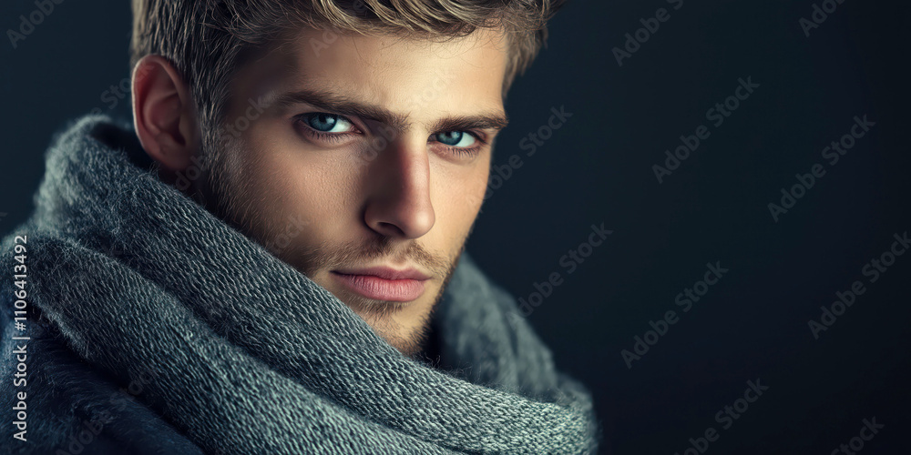 Portrait of young caucasian male with scarf in intense stare Portrait of young caucasian male with scarf in intense stare