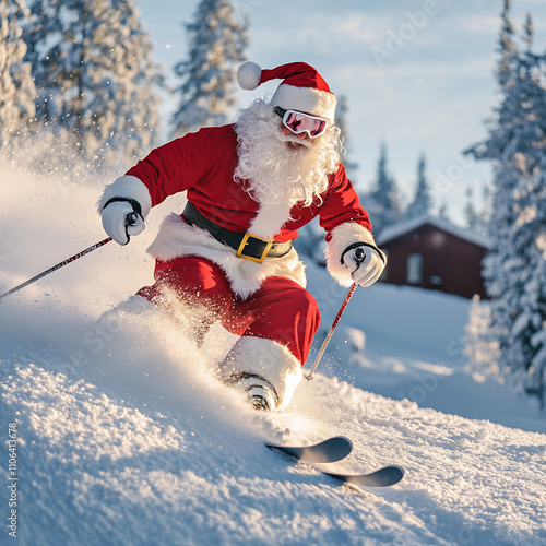 Santa Claus Skiing in a Winter Landscape