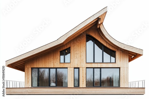 Wooden house, dramatic roofline, large windows.