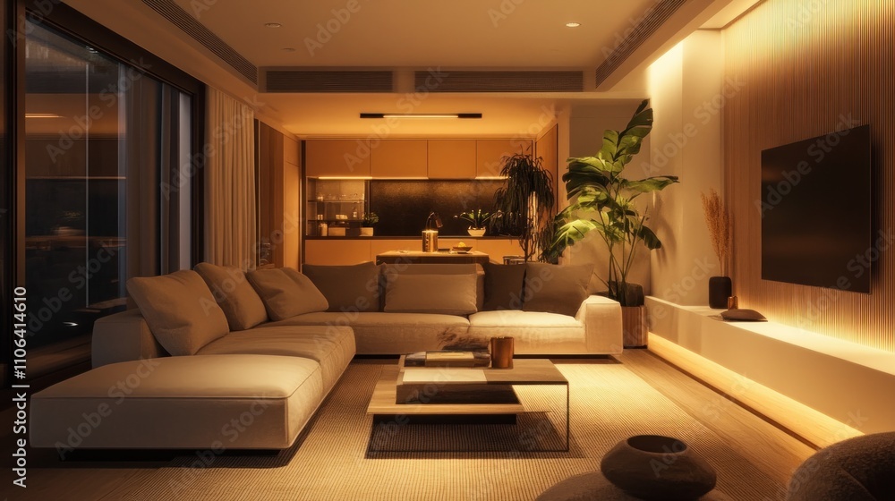 Fototapeta premium Modern Living Room with Warm Lighting and Minimalist Decor