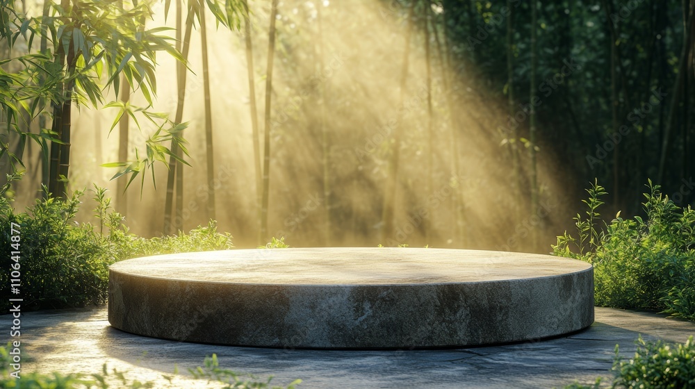 Fototapeta premium A round stone podium sits in a bamboo forest with sunlight rays breaking through the leaves.