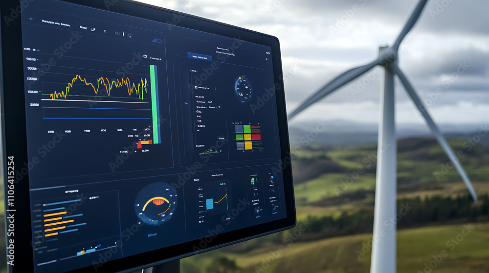 Modern wind turbine with a detailed energy data analytics dashboard in the foreground, displaying real-time statistics and graphs for effective power production monitoring Modern wind turbine with a detailed energy data analytics dashboard in the foreground, displaying real-time statistics and graphs for effective power production monitoring