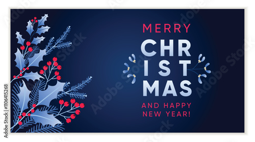 Merry Christmas Greeting card design template with festive branches and florals in deep blue. Vector illustration.