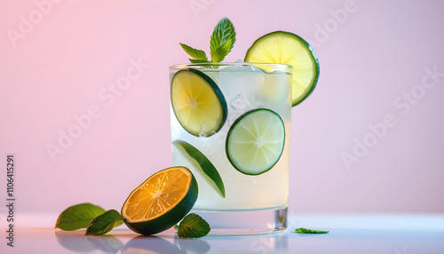 Cucumber and lime refreshing gin cocKtail, light alcohol drink concept isolated highlighted by white, png photo