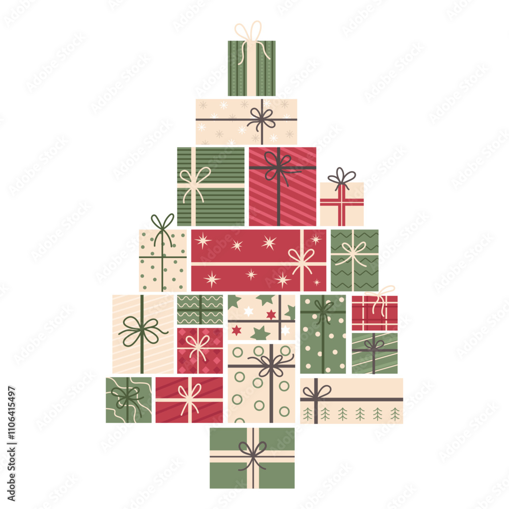 Naklejka premium Christmas tree made of gift boxes with festive patterns. Vector illustration isolated on white background.