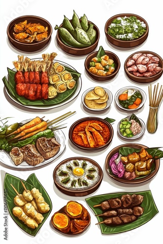 Assorted savory dishes, vibrant colors, appetizing arrangement.