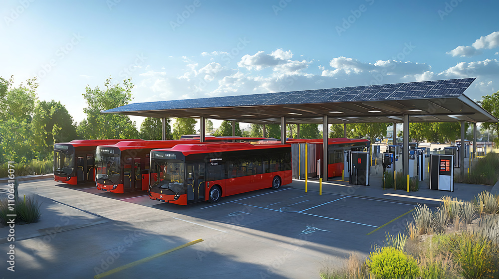 Fototapeta premium Solar-powered electric bus depot with smart charging stations and energy storage systems