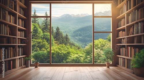 Mountain view from a library with wooden floors and bookshelves.