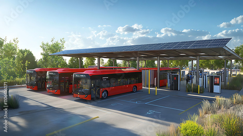 Solar-powered electric bus depot with smart charging stations and energy storage systems