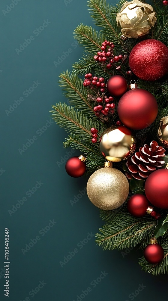 Festive christmas wreath with red and gold ornaments, pine cones, and holly berries adorns a green wall, creating a warm and inviting holiday atmosphere Festive christmas wreath with red and gold ornaments, pine cones, and holly berries adorns a green wall, creating a warm and inviting holiday atmosphere