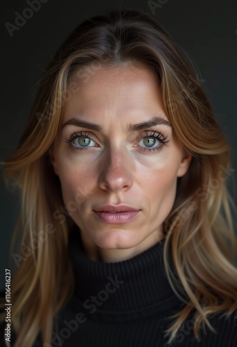 A Russian woman stands gracefully with long, flowing hair and striking grey eyes. Soft light enhances her natural beauty, creating an intimate atmosphere. Serious woman 40-50 years old. Generative AI