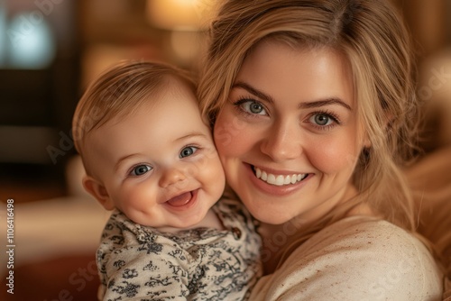 A joyful mother holds her smiling baby close, radiating warmth and love in a beautifully lit living room setting, showcasing a tender moment of connection.