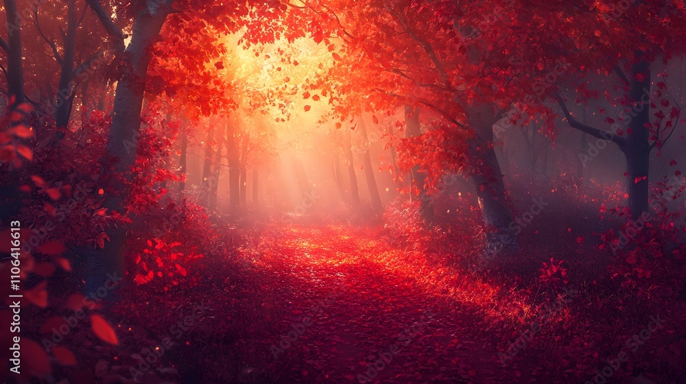 Mystical red forest path with sunlight and falling leaves. Mystical red forest path with sunlight and falling leaves.
