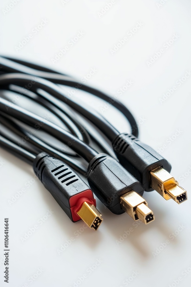 Three black cables with gold connectors on white background. Three black cables with gold connectors on white background.