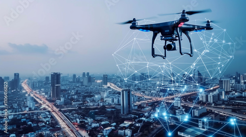 A drone hovers over a city, powered by 5G connectivity, enabling low-altitude economy growth through seamless, high-speed data exchange and smart urban networks.