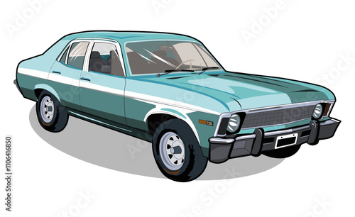 Classic vintage car in retro turquoise color parked on a simple background showcasing timeless automotive design and craftsmanship. Vector image, transparent background