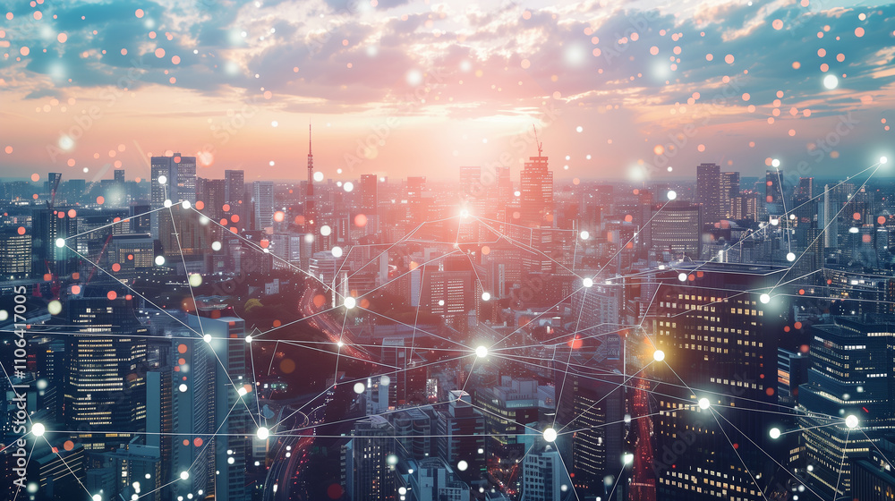 Obraz premium A drone hovers over a city, powered by 5G connectivity, enabling low-altitude economy growth through seamless, high-speed data exchange and smart urban networks.