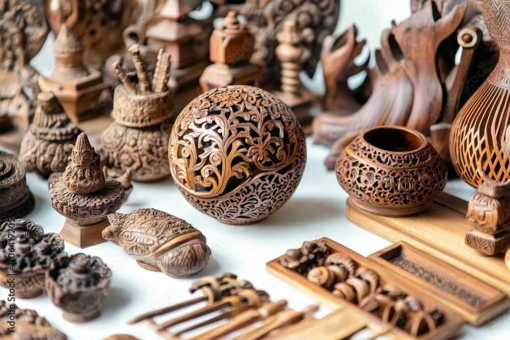 Intricate carved wooden objects; decorative, ornate.